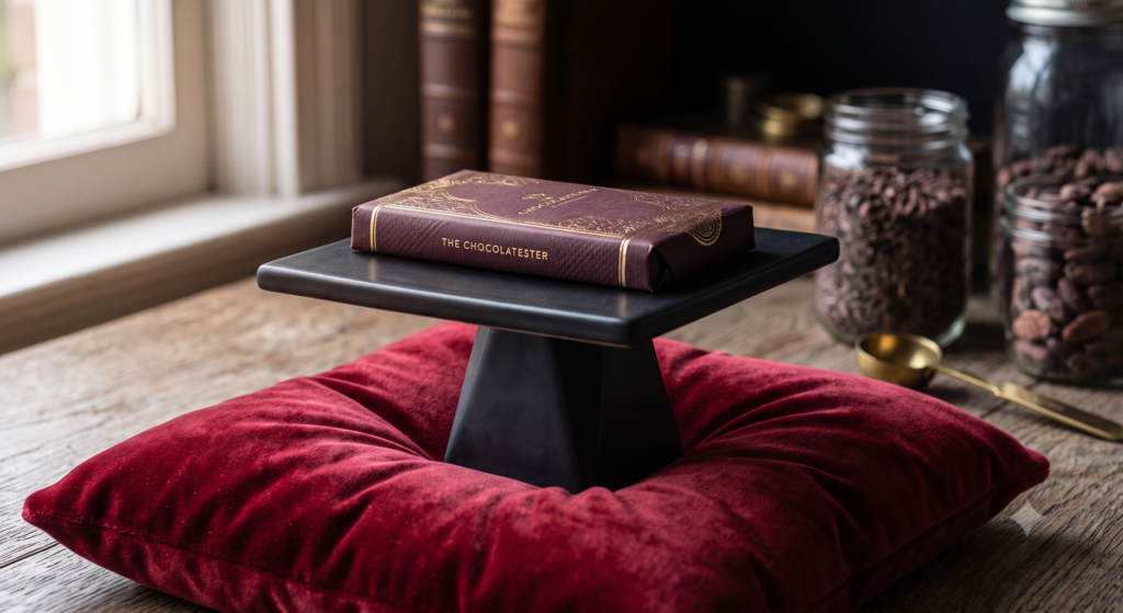 a chocolate bar is on a pedestal on a red velvet pillow